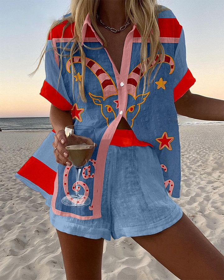 Jorelle™ | Completo corto in lino con stampa di capra